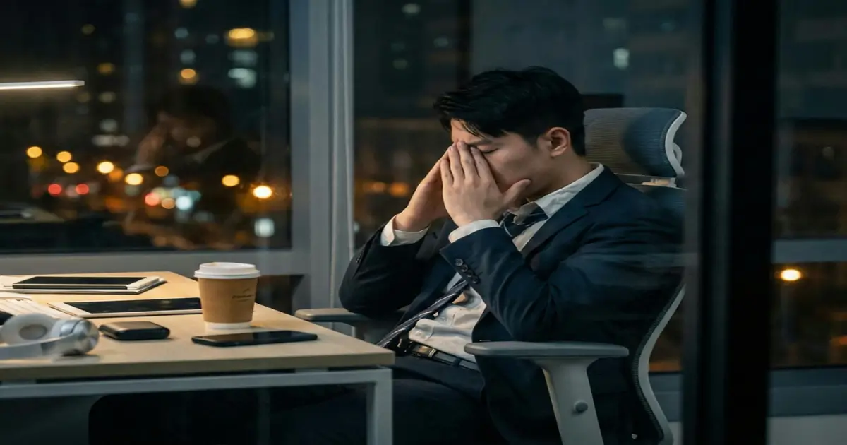 hombre de negocios a la noche en la oficina agotado
